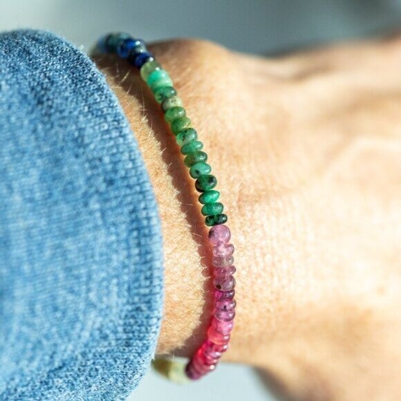 Rainbow SAPPHIRE Beaded Bracelet Waterproof Gold Non-Tarnish Bracelet GORGEOUS - Picture 3 of 10